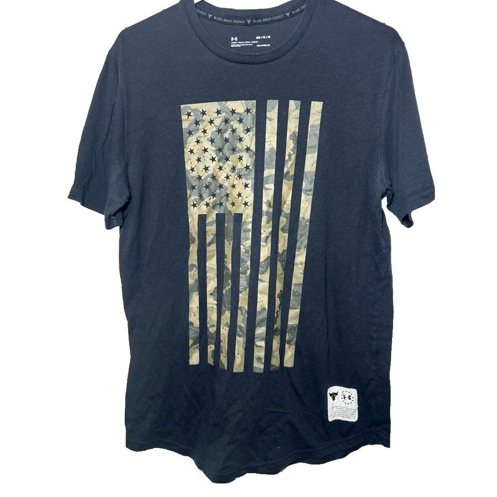 Under Armour Military Loose Shirt Men's Medium Black Short Sleeve Flag Heatgear